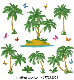 Tropical set: sea island with plants, palm trees, flowers and butterflies. Vector