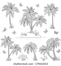 Tropical set: sea island with plants, palm trees, flowers and butterflies, black contours isolated on white background. Vector