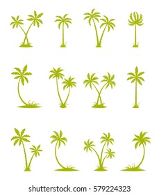 Tropical set. Sea island with plants, palm trees, flowers, silhouettes isolated on white background.