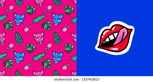 Tropical set. Seamless pattern. Panthers in the jungle. Lips sticker. Summer illustration.