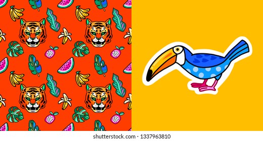 Tropical set. Seamless pattern. Tiger in the jungle among exotic plants and fruits. Sticker Toucan. Summer illustration.