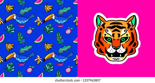 Tropical set. Seamless pattern. Toucan in the jungle among exotic plants and fruits. Vector illustration of funny bird. Isolated on blue background. Sticker tiger.