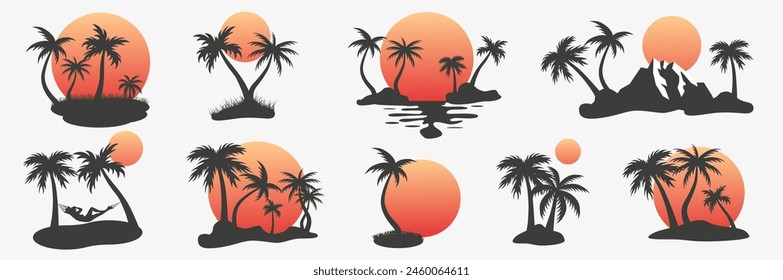 Tropical set. Silhouettes of palm trees on the island. Waiting for summer. The sea and the beach. EPS 10.