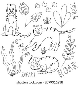 Tropical set. Tigers and exotic plants. Animal footprints. Jungle. Vector hand-drawn illustration. Doodle. Sketch. Silhouette. Black and white. Contour. Coloring.