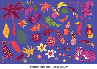 tropical set with toucans, tigers, flowers, fruits and leaves, vector design for paper, fabric and other surface