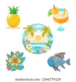 Tropical set, vacation rest relaxation. Cocktail sea ocean beach island fish pineapple flowers. Beach collection. Scrapbooking, tag, invitation, sticker set. Isolated vector.