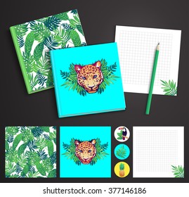 Tropical set. Vector printable notepad design of cover and papers.