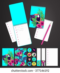 Tropical set. Vector printable notepad design of cover and papers.