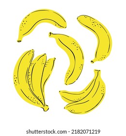 Tropical set yellow fruits banana. Hand drawn simple bananas isolated on white background. for fabric, drawing labels, print, wallpaper of children's room, fruit background