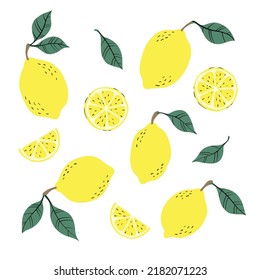 Tropical set of yellow lemons and lemon slices. Hand drawn lemons pattern on white background. for fabric, drawing labels, print, wallpaper of children's room, fruit background
