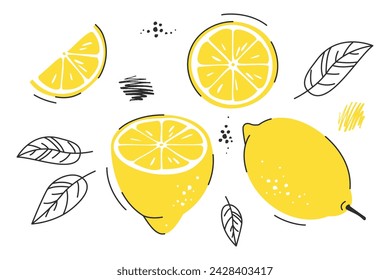 Conjunto tropical con limones amarillos, rodajas de limón, hojas. Ilustración vectorial aislada en blanco para banners, tarjetas, volantes, diseño de productos, logotipo de limón, fondos de pantalla de redes sociales, etc.