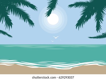 tropical setting with palm trees sun water and beach sand