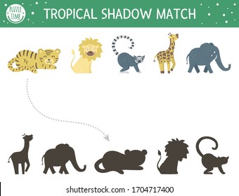 Actividades tropicales de ajuste de sombras para niños. El rompecabezas de la jungla preescolar. Un acertijo educativo exótico. Busque la hoja de cálculo imprimible con silueta de animales tropicales correcta. Juego de verano simple para niños
