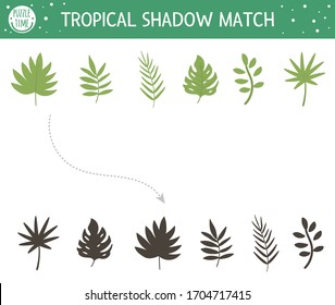 Tropical shadow matching activity for children. Preschool jungle puzzle. Cute exotic educational riddle. Find the correct tropic leaf silhouette printable worksheet. Simple summer game for kids
