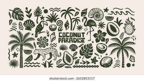 Tropical shapes in retro cartoon style.Coconut paradise, exotic jungle elements: palm trees, leopard, flamingo, coconuts, leaves, fruits and sea symbols. Illustration in linear style, trendy stickers