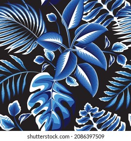 tropical shining blue monochromatic in dark with exotic night jungle illustration seamless pattern. fashionable texture. foliage background. Summer design. nature decorative. rainforest wallpaper