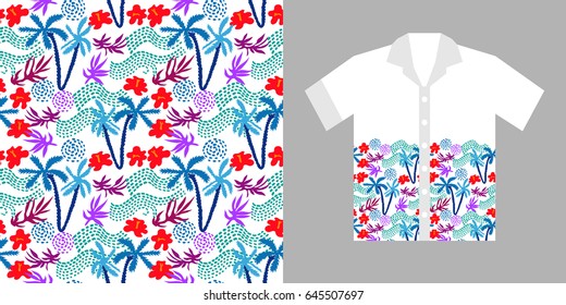 Tropical shirt design. Floral print with palms and flowers on white background. Beach textile collection.