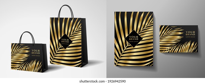 Tropical shopping paper bag design template with gold palm branch (golden leaf) print. Holiday black exotic pattern for brand gift packet, premium shop purchase. Vector packaging layout