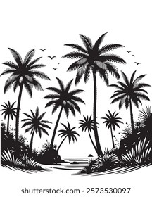 Tropical Silhouette, A Serene Black and White Illustration of Palm Trees, Coastal Plants, Gentle Waves, and Soaring Birds, Evoking a Sense of Tranquil Island Life