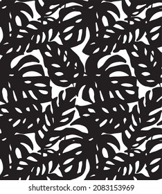 Las siluetas tropicales dejan un patrón, ilustración vectorial en blanco y negro.  La densidad de moda monstera deja huella para diferentes usos. 
