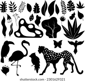 Tropical silhouettes set of toucan, flamingo, cheetah, parrot and exotic leaves. Vector illustration