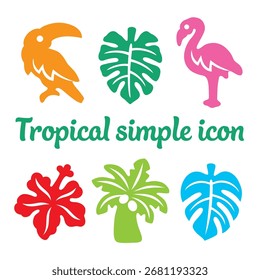 Tropical simple conjunto de iconos. Elementos de verano. Tucán, Hoja Tropical, Flamenco, Hibisco Y Cocotero. Ilustración vectorial