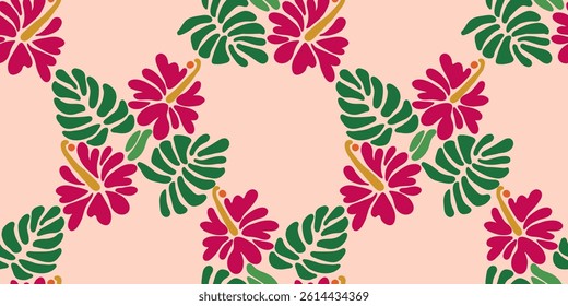 Tropical Simple Modern Seamless Floral Pattern with Hibiscus and Monstera Leaves. Hawaiian vibes, exotic print