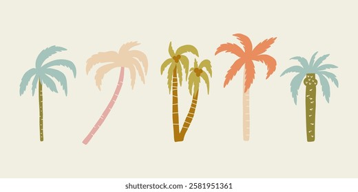 Tropical Simple Palm Tree Boho Set. Bohemian Palm Monstera Leaf Graphic Collection. Handdrawn vector illustration