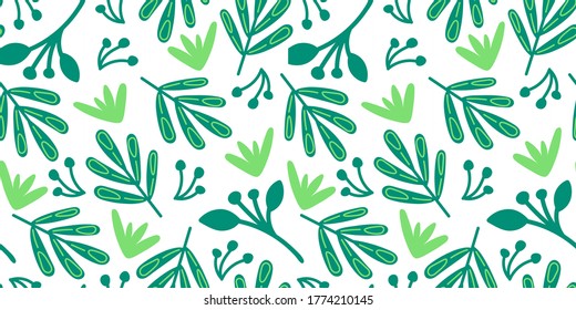 Tropisches, einfaches, nahtloses Muster mit Farn und Pflanzen in frischen grünen Farben im flachen Doodle-Stil. Vektorgrafik für Stoffdrucke oder Wickelpapier, für Sommer-, Frühlings- oder Dschungelkonzepte.