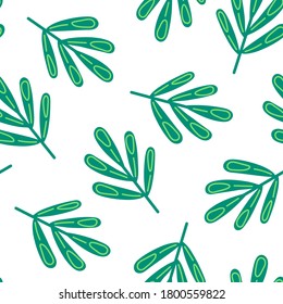 Tropical simple seamless pattern with fern in fresh green color in flat doodle style. Vector illustration for textile prints or wrapping paper, for summer, spring or jungle concepts.