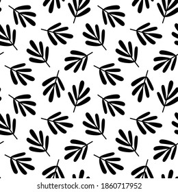 Tropical simple seamless pattern with fern silhouette in black monochrome color. Vector illustration for textile prints or wrapping paper, for summer, spring or jungle concepts.