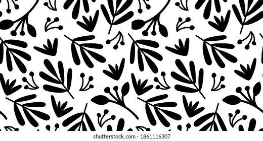 Patrón tropical simple y sin costuras con silueta de helecho en color monocromo negro. Ilustración vectorial para impresiones textiles o papel envolvente, para conceptos de verano, primavera o jungla.
