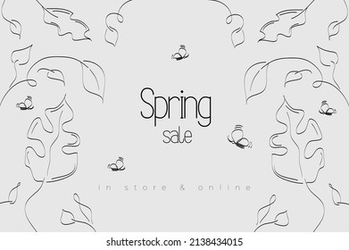 Tropical simple vector design with drawn by hand branches and flying insects on the light gray background and lettering spring sale