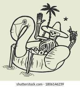 Tropical skeleton resting in pool with flamingo tube, drinking cocktail under the palm-trees. Eternal summer vector illustration.