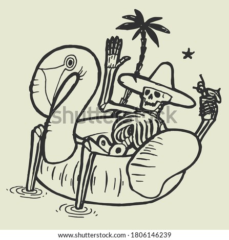 Tropical skeleton resting in pool with flamingo tube, drinking cocktail under the palm-trees. Eternal summer vector illustration.