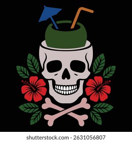 Tropical skull with coconut drink and hibiscus flowers