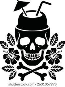Tropical skull with coconut drink and hibiscus flowers