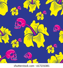 Tropical Skull Hibiscus Flower Seamless Pattern With Blue Background