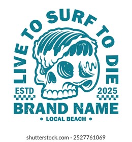 Logotipo de surfe de crânio tropical com onda maciça