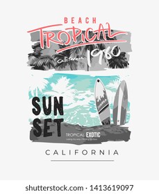 tropical slogan with surf board and palm trees illustration
