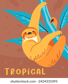 Perezoso tropical con bozal sonriente colgando de la rama del árbol, mascota linda relajante y descansando. Hábitat ecuatorial de criaturas, mamíferos con brazos largos y garras afiladas de gancho. Vector en estilo plano