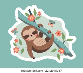 Tropical sloth sticker. Exotic animal on branch among flowers and plants. Fauna and flora, biology, floristry and zoology. Mammal in jungle, African savannah. Cartoon flat vector illustration