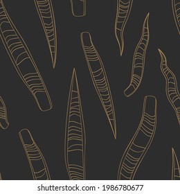 Tropical snake plant leaves golden outline drawing seamless pattern. Black background. Striped Jungle foliage line art texture. Stock vector illustration.