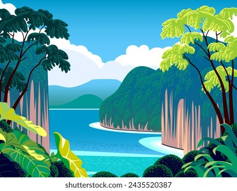 Tropische südostasiatische Landschaft mit traditionellen Dschungel und Pflanzen auf der Vorderseite und Inseln, Meer und Yachten im Hintergrund. Retro-Reiseplakat. Handgemachte Zeichnung Vektor-Illustration.