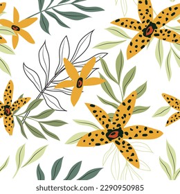 Tropical spotted flowers modern art abstract and artistic branches with leaves on a white background. Seamless pattern. Vector.