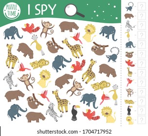 Tropical I spy game for kids. Exotic searching and counting activity for preschool children with cute animals. Funny jungle game for kids. Logical quiz printable worksheet. Simple summer game.
