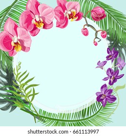 Tropical square card, round frame with bouquet red, purple orchids, flowers and buds, green palm, bamboo, monstera leaves on blue background, digital draw illustration, template for design, vector