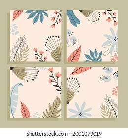 Tropical square cards set with empty space for text, hand drawn illustrations.