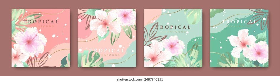 Tropical square cards set with Tropical flowers and plants on abstract background. Vector illustration templates for fashion, ads, poster, graphic print, sales, and social media