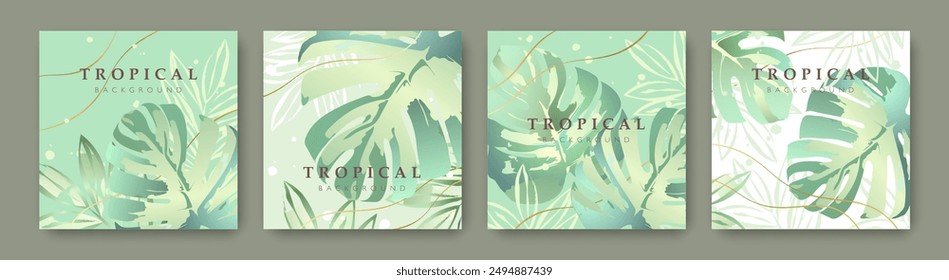 Tropical square cards set with Tropical plants on abstract green background. Vector illustration templates for fashion, ads, poster, graphic print, sales, and social media posts